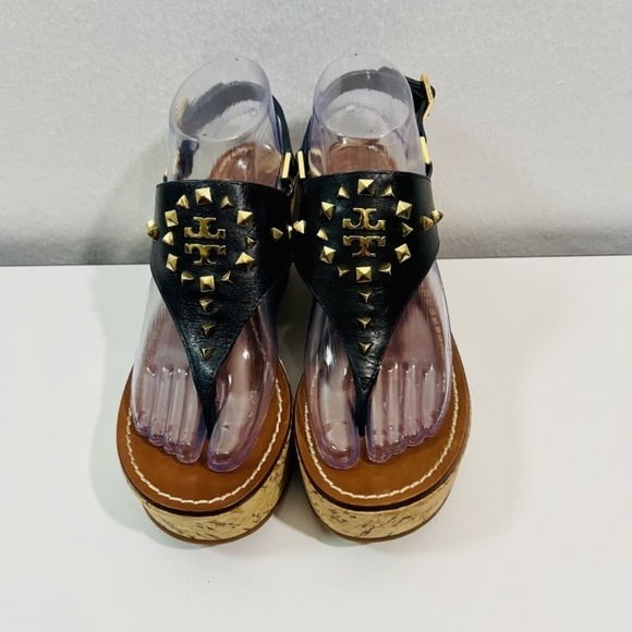 Tory Burch Dale Cork Wedge Size 8M Gold Spike Leather Thong Sandals - Picture 2 of 10